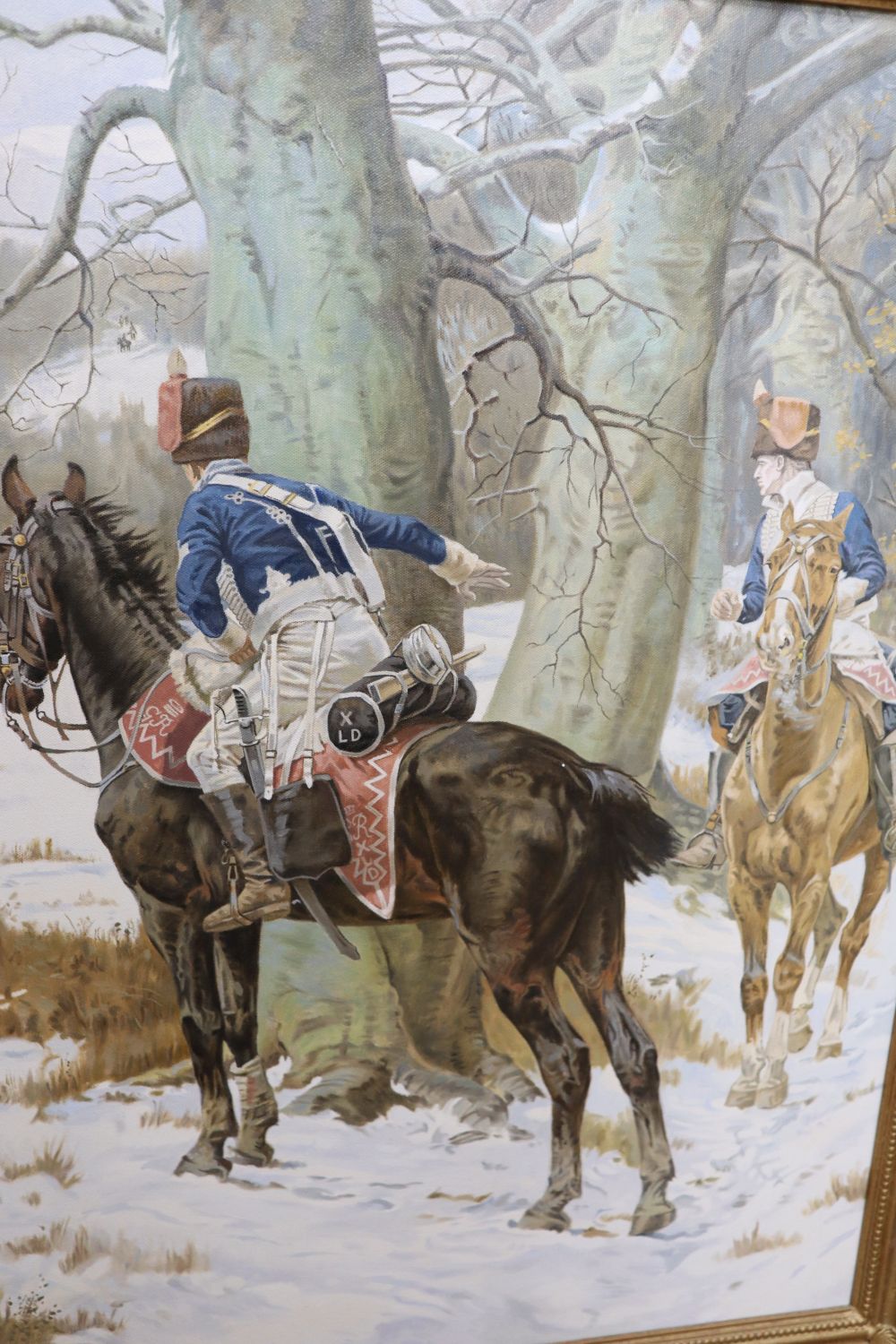 After William Barnes Wollen (1857-1936), oil on canvas, Hussars in woodland in winter, bears signature and date 1905 but of later execu